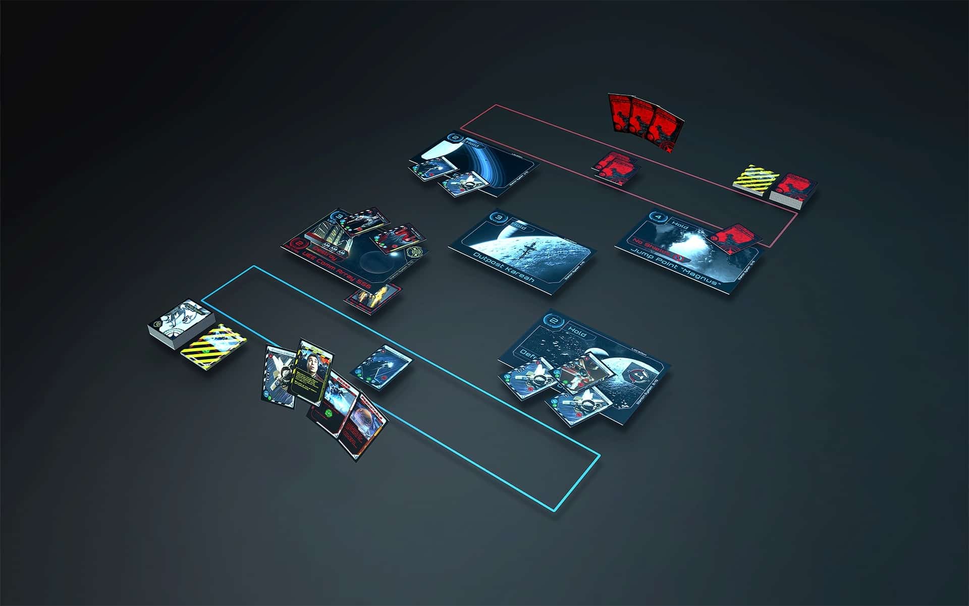 (Tak mniej więcej wygląda pole gry w Eskadrach: Na środku znajduje się pięć kart lokacji, o które toczy się walka. Gracze umieszczają swoje statki kosmiczne i karty akcji, na początku zakryte, potem następuje bitwa z dodatkowymi kartami akcji).