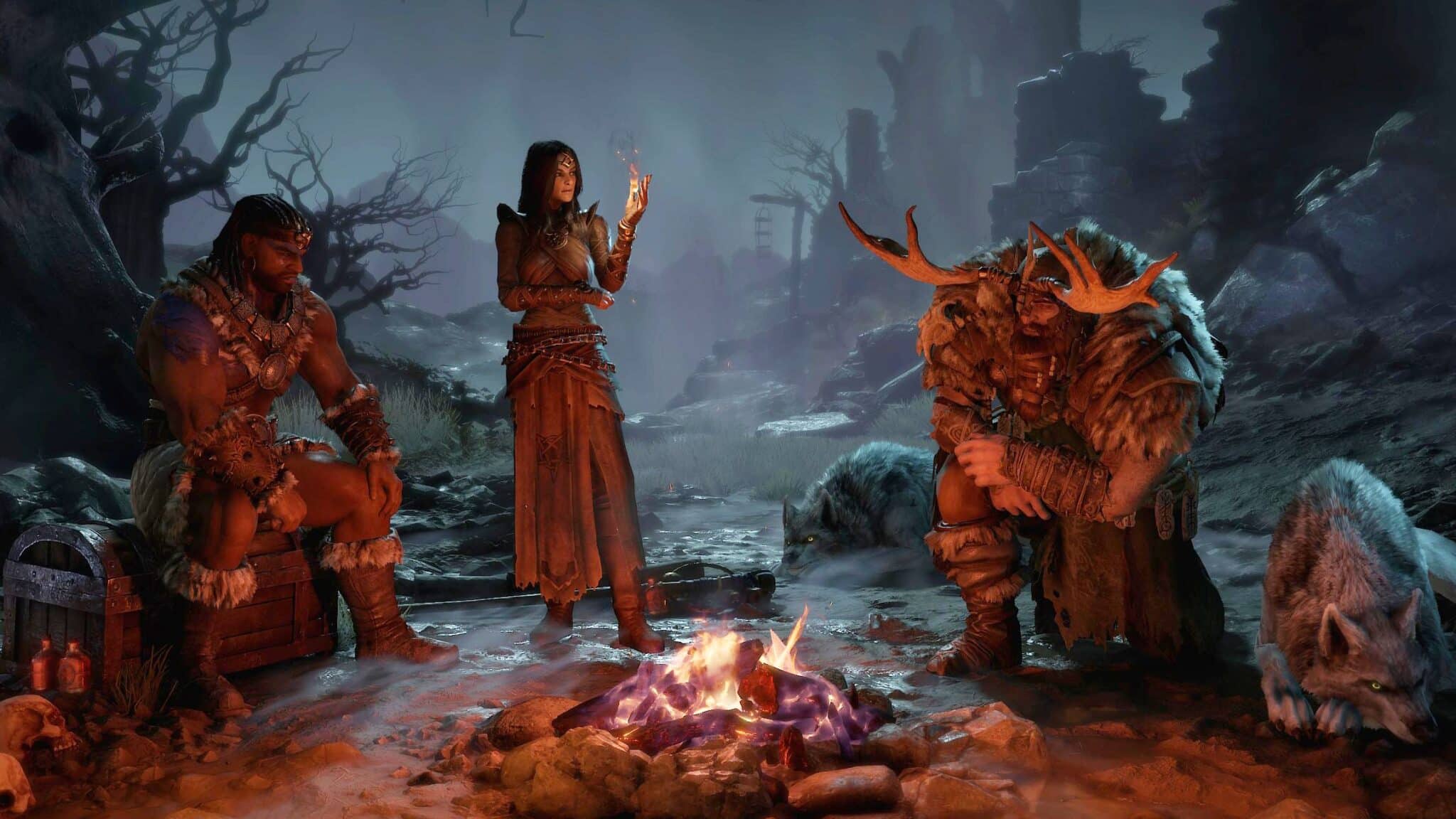 (A homage to Diablo 2: In the character selection all classes sit together around the campfire again)
