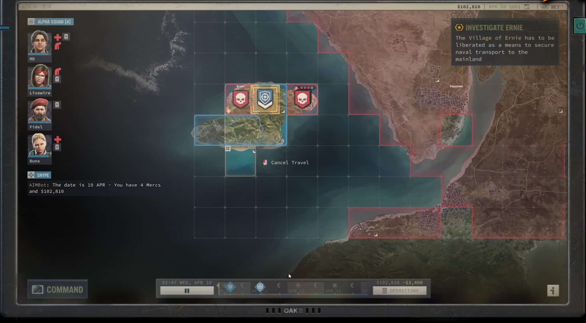 (Y así comienza: El mapa satelital muestra la mitad occidental de Grand Chien. Primero debemos liberar la ciudad portuaria de Ernie en el noreste de la isla para llegar al continente. Con más de 200 sectores, el país es tan grande como Arulco de Jagged Alliance 2.)