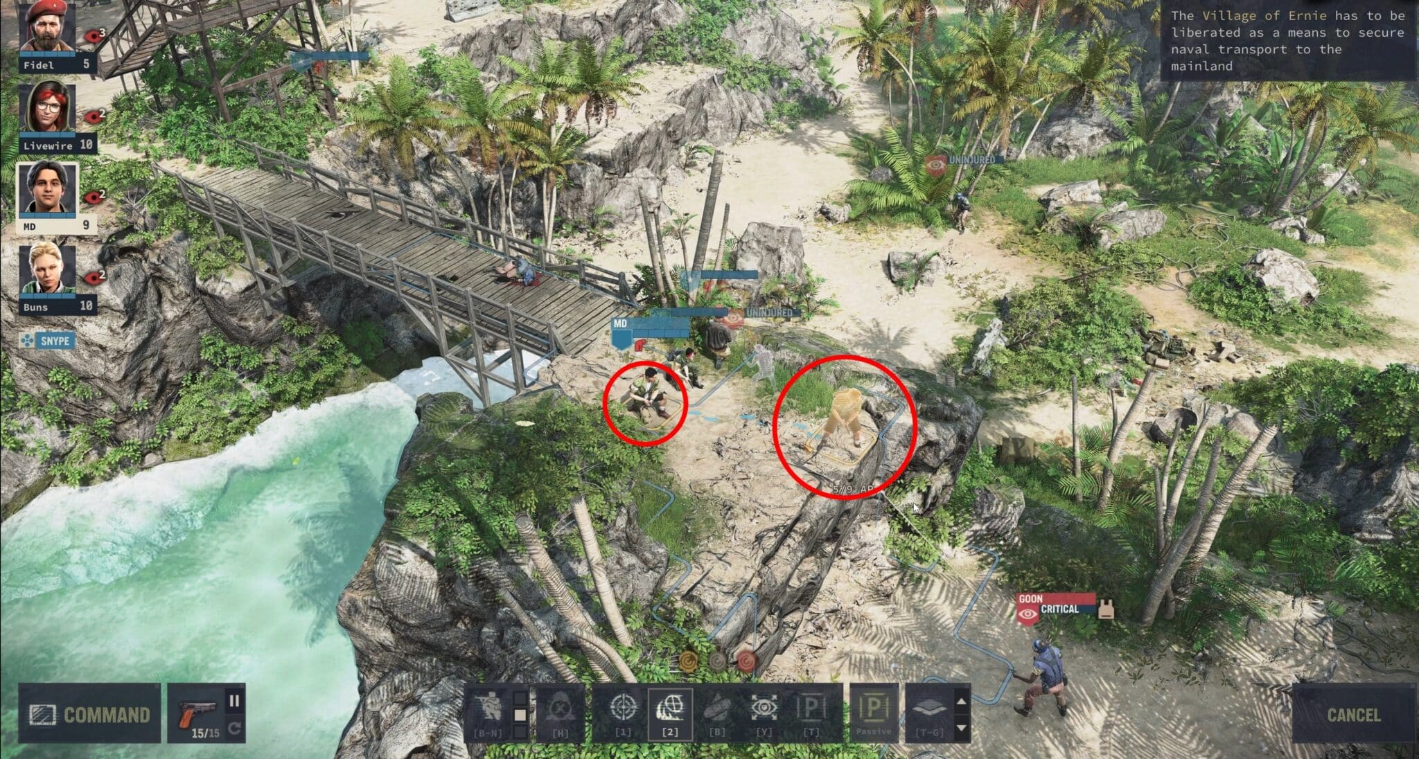 (On contact with the enemy, the game switches from real-time to turn mode, just like back then. Fidel, MD and Buns were already in Jagged 2, hacker Livewire is new. Thanks to the handy preview function, you can try out how well a mercenary would hit from the new position before you make your move).