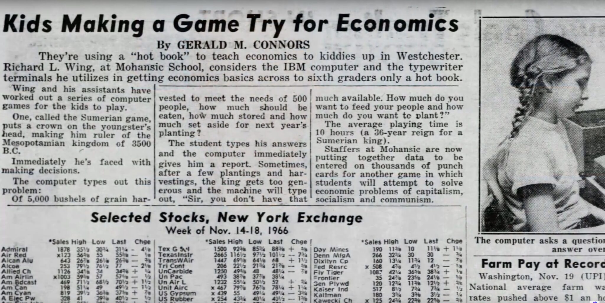 (Het Sumerische Spel belandt ook in het zakenkatern van verschillende kranten, hier in november 1966. Het aandeel Texas Instruments staat net op 101 US dollar.)