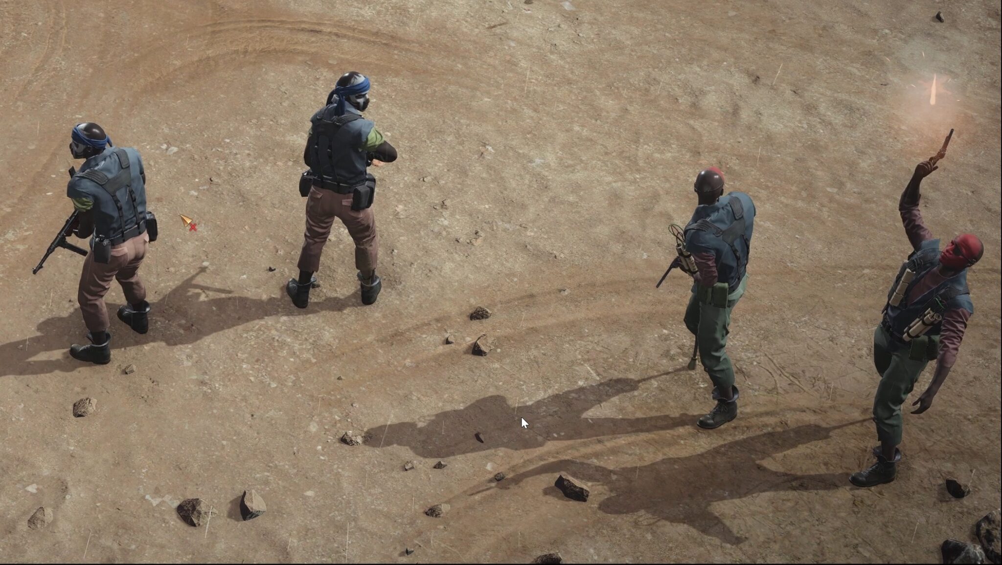 (Coup de semonce : Alerte, les mercenaires arrivent ! Notez les détails comme les prothèses de jambes des deux combattants de droite, qui portent également des bâtons de dynamite - dans le jeu, un symbole de grenade les prévient)