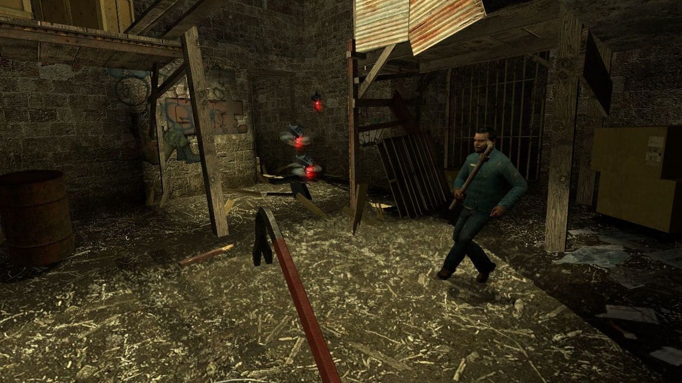 (De vliegende amputatieassistenten bevechten met een koevoet bij gebrek aan munitie verhoogt de adrenalinestroom in VR nog meer dan in het originele spel)