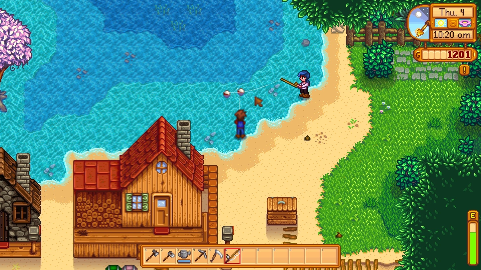 (In multiplayer mode we fish at the lake right next to our farm - the beach map makes it possible)