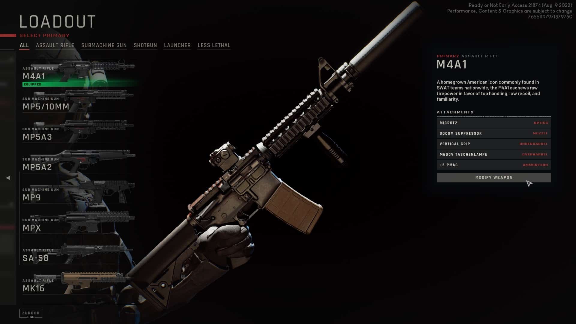 (In the menu we select our main weapon from the list on the left, in this case the M4. On the right we personalise the shooting club as we wish).