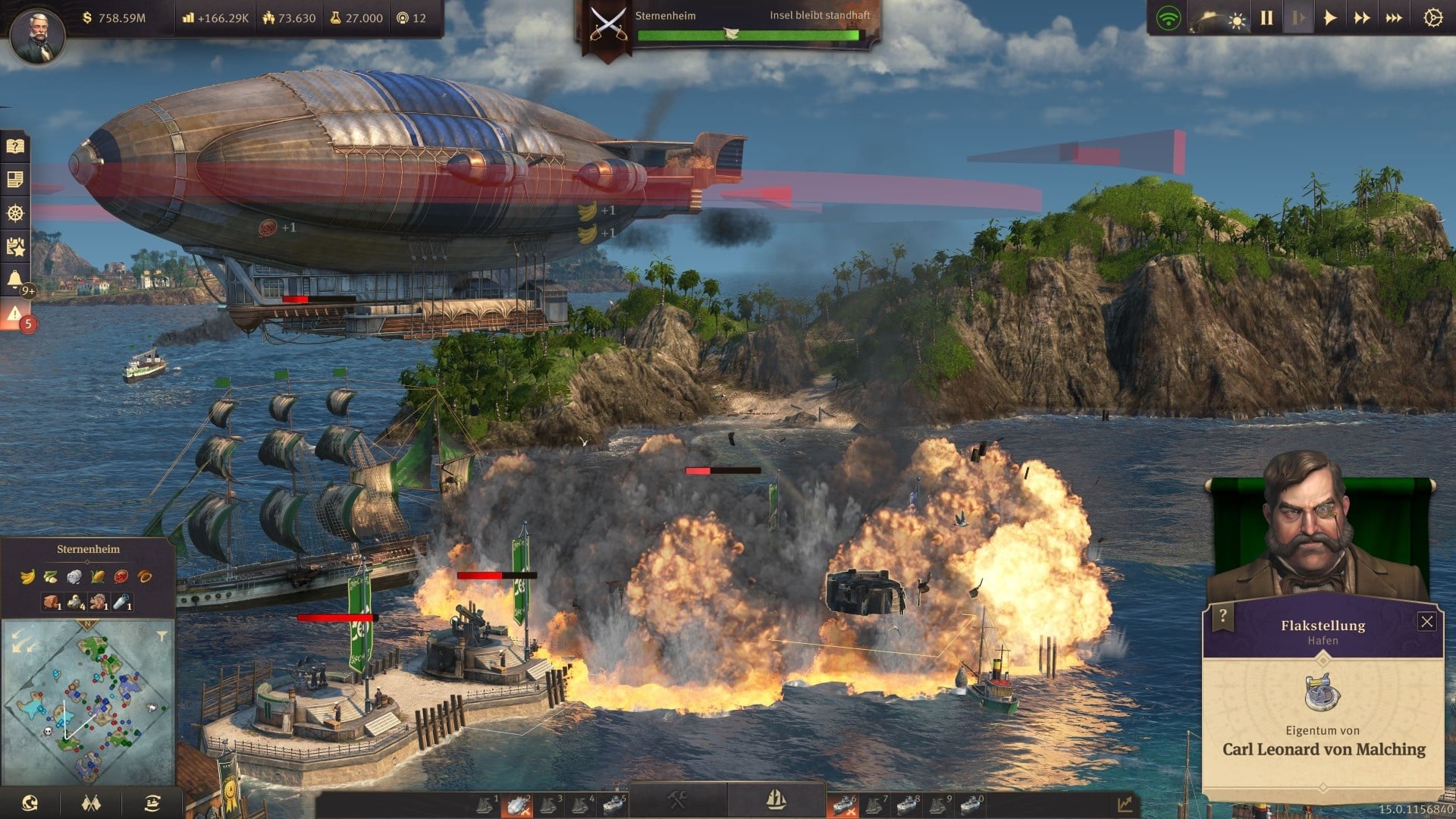 (The Zephyr airship is lame, but has eight slots we can also load with bombs. Here we are attacking anti-aircraft guns from Malching''s harbour.)