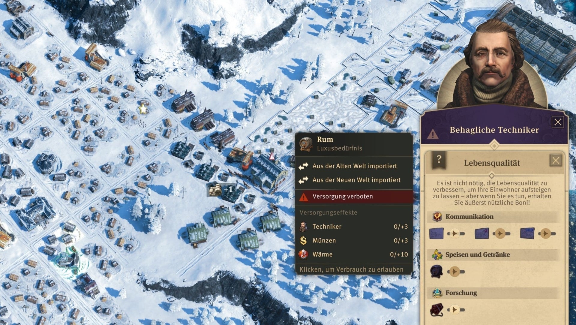 (The quality of life is added to the previous factors of needs and satisfaction. If you supply the population levels with local, regional letters as well as desired goods, the maximum number of inhabitants per house increases drastically also in the DLC regions Arctic (picture) and Enbesa. The interface for this is small and somewhat fiddly, it does not fit in with the otherwise very tidy UI)