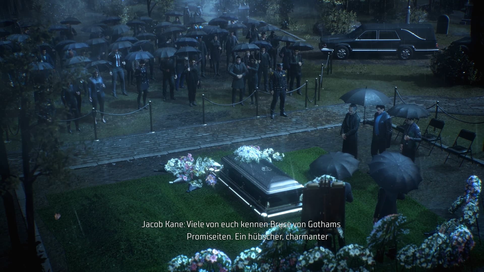 (En el funeral de Batman, las personas más importantes de Gotham se reúnen junto a nuestros héroes)