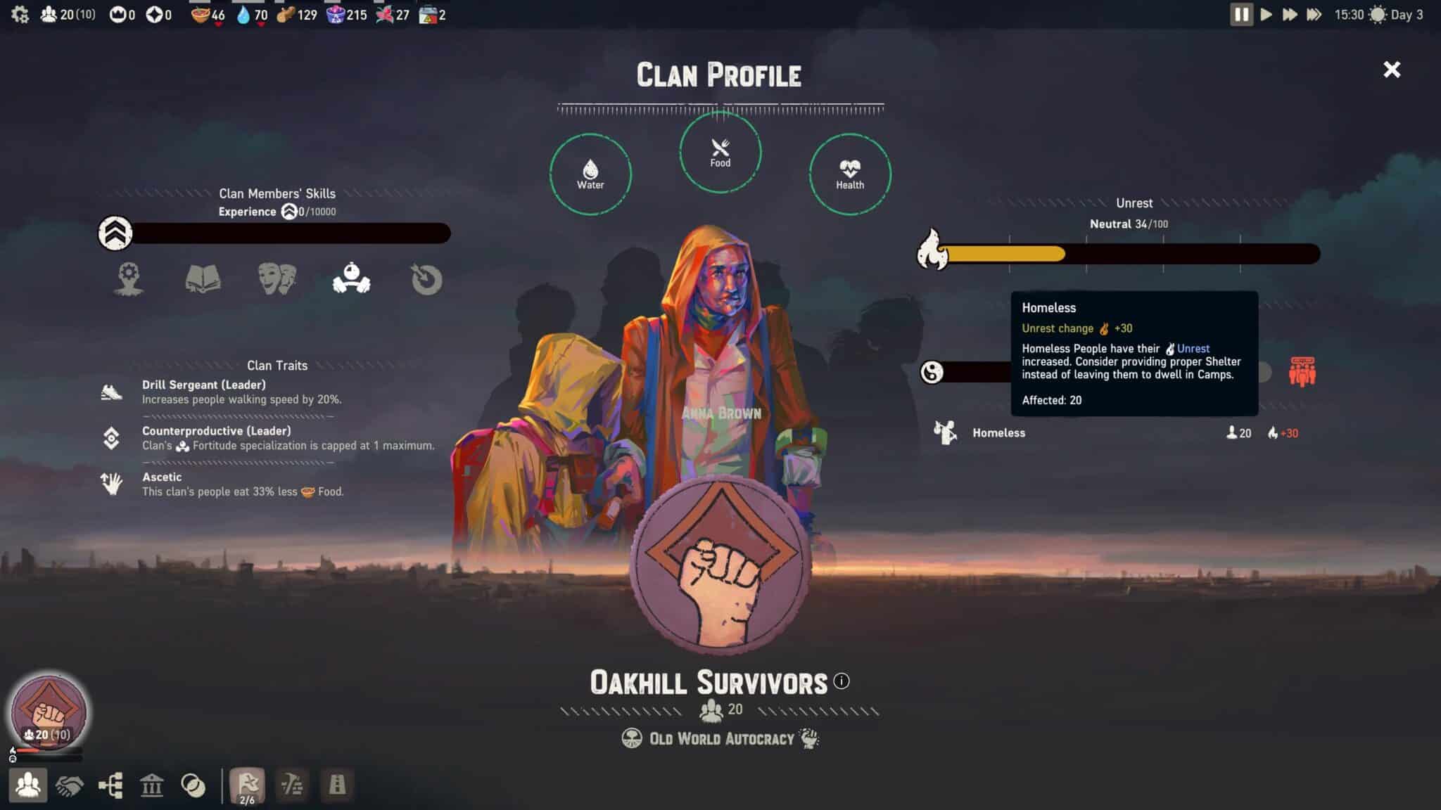 (On the clan overview screen you can see skills, goals and the mood of your people Homelessness of course makes your mood plummet.)