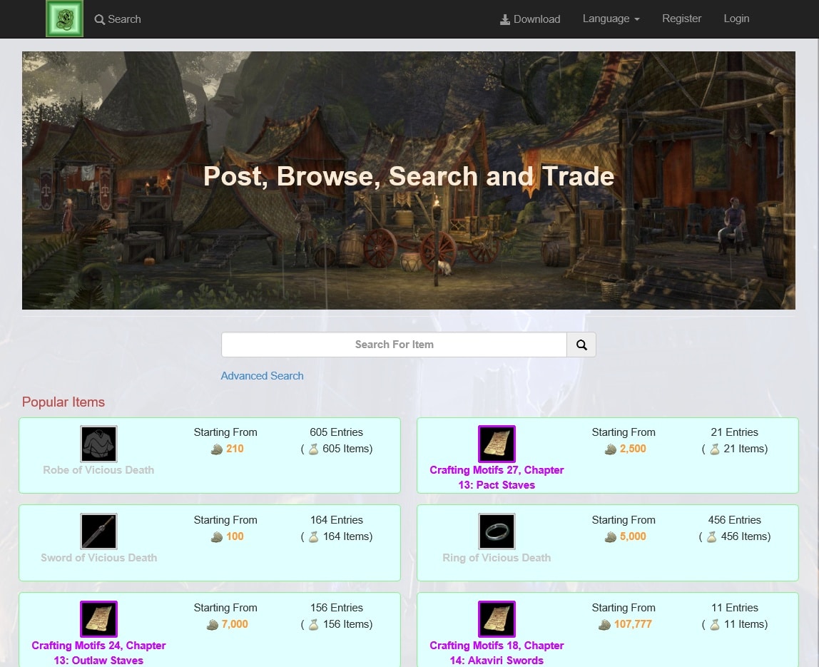 (model Tamriel Trade Centerのサイトでは、読み取ったデータから様々な商品の販売場所や価格を検索することができます。)