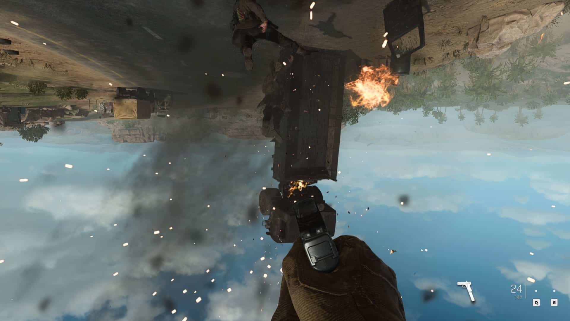 (Kadang-kadang bahkan di Call of Duty perubahan perspektif itu bagus! Di sini kita tergantung terbalik dari helikopter.)