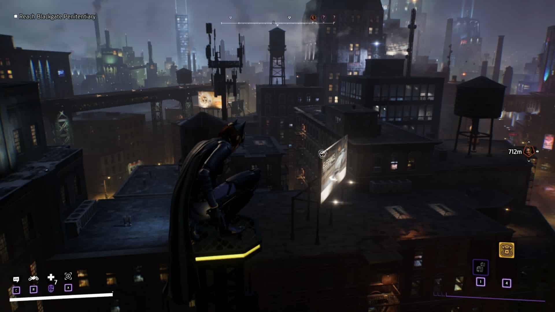 (Kota Gotham pada malam hari adalah pemandangan untuk dilihat dan sangat mengingatkan pada versi film dan serial kota tersebut)