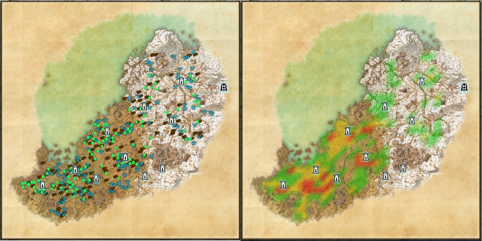 (Usted decide cómo el addon HarvestMap reproduce los nodos de recursos marcados para usted: Ya sea con símbolos o con zonas codificadas por colores)