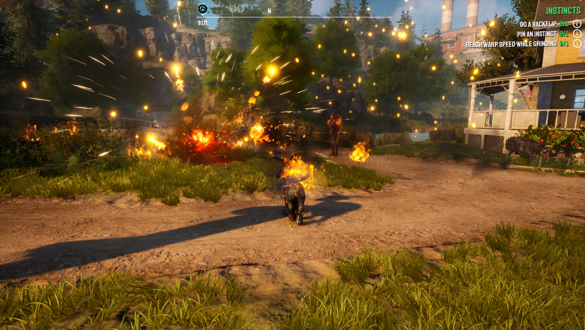 (Caos, fogo, explosões no Goat Simulator 3 realmente explodem. O nível de violência permanece inofensivo, no entanto, ninguém morre.)