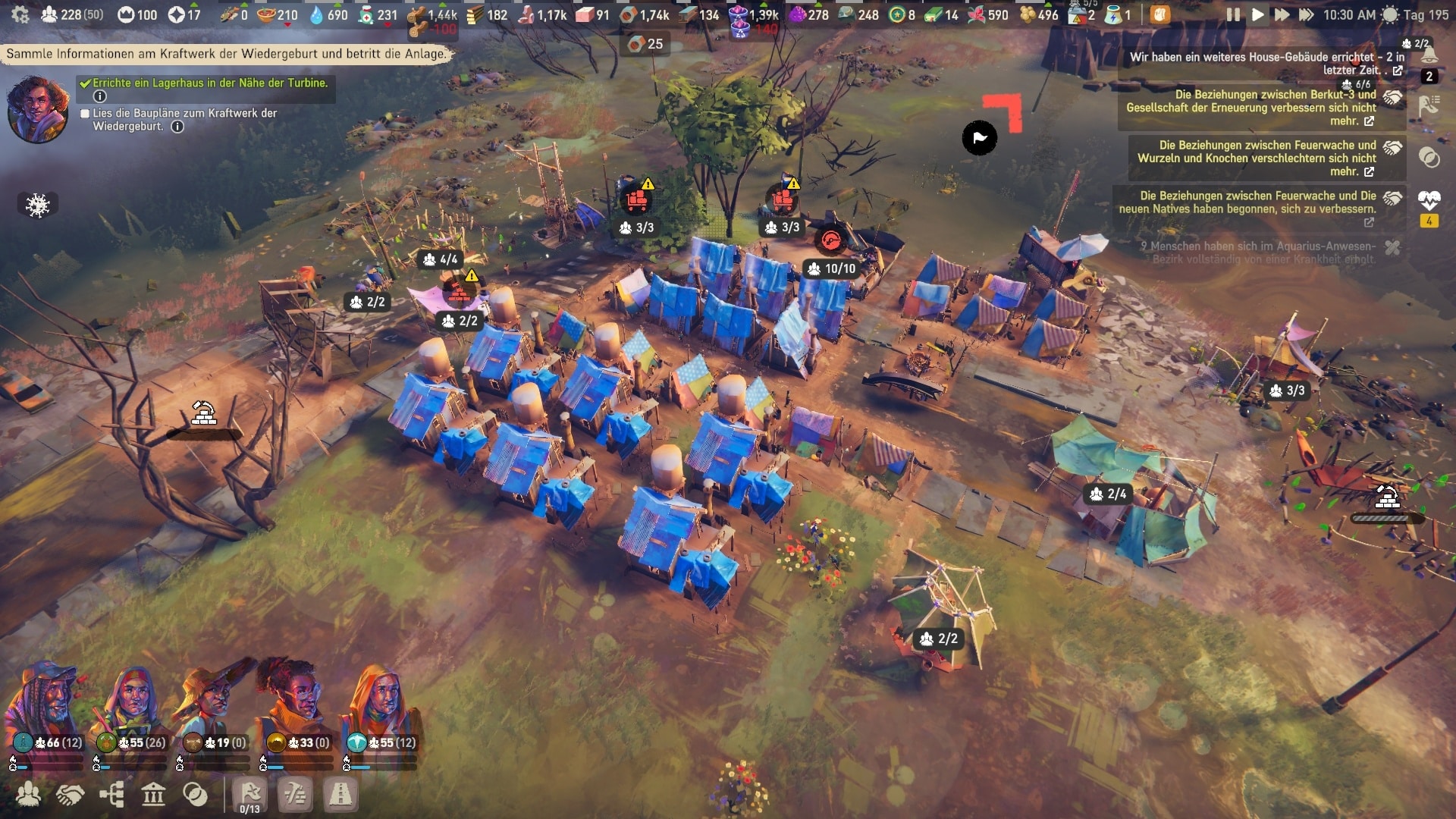 (Once the settlement has grown, we slowly expand the tents (at the back) into proper dwellings or replace them with more solid buildings (at the front).)