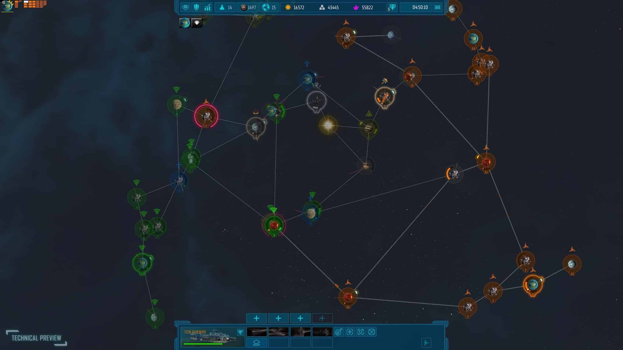 (A galáxia tem aqui cerca de 40 corpos celestes. O meu império laranja começou no canto inferior direito. Entretanto, comi a IA azul no canto superior direito. O mapa parece um pouco caótico porque todos os planetas e asteroides estão em movimento)