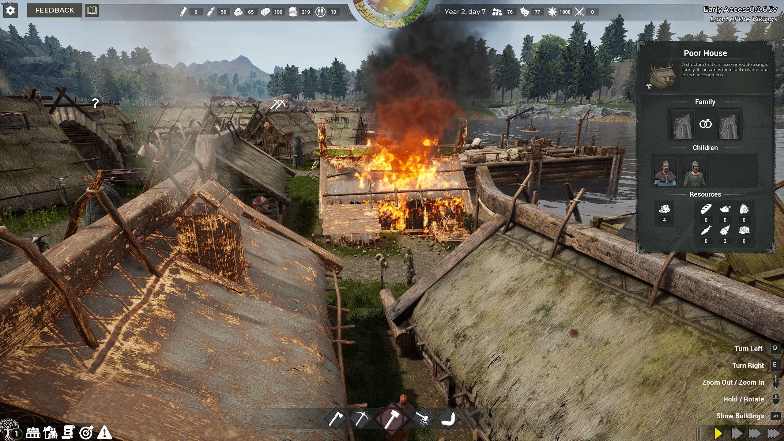 (A cabana está a arder! Em caso de incêndio ou terramoto, os Vikings só podem assistir. No final, é preciso reconstruir as casas a partir do zero, o que prolonga as fases de construção já difíceis)