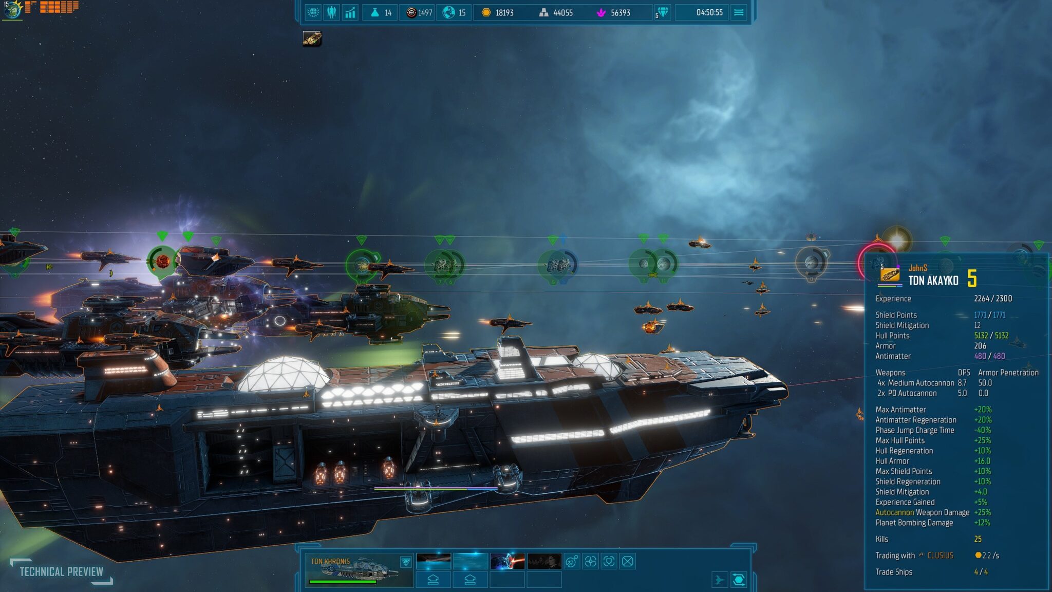(The models are really pretty and the performance is good. Here you can see one of my flagships with its many stats.)