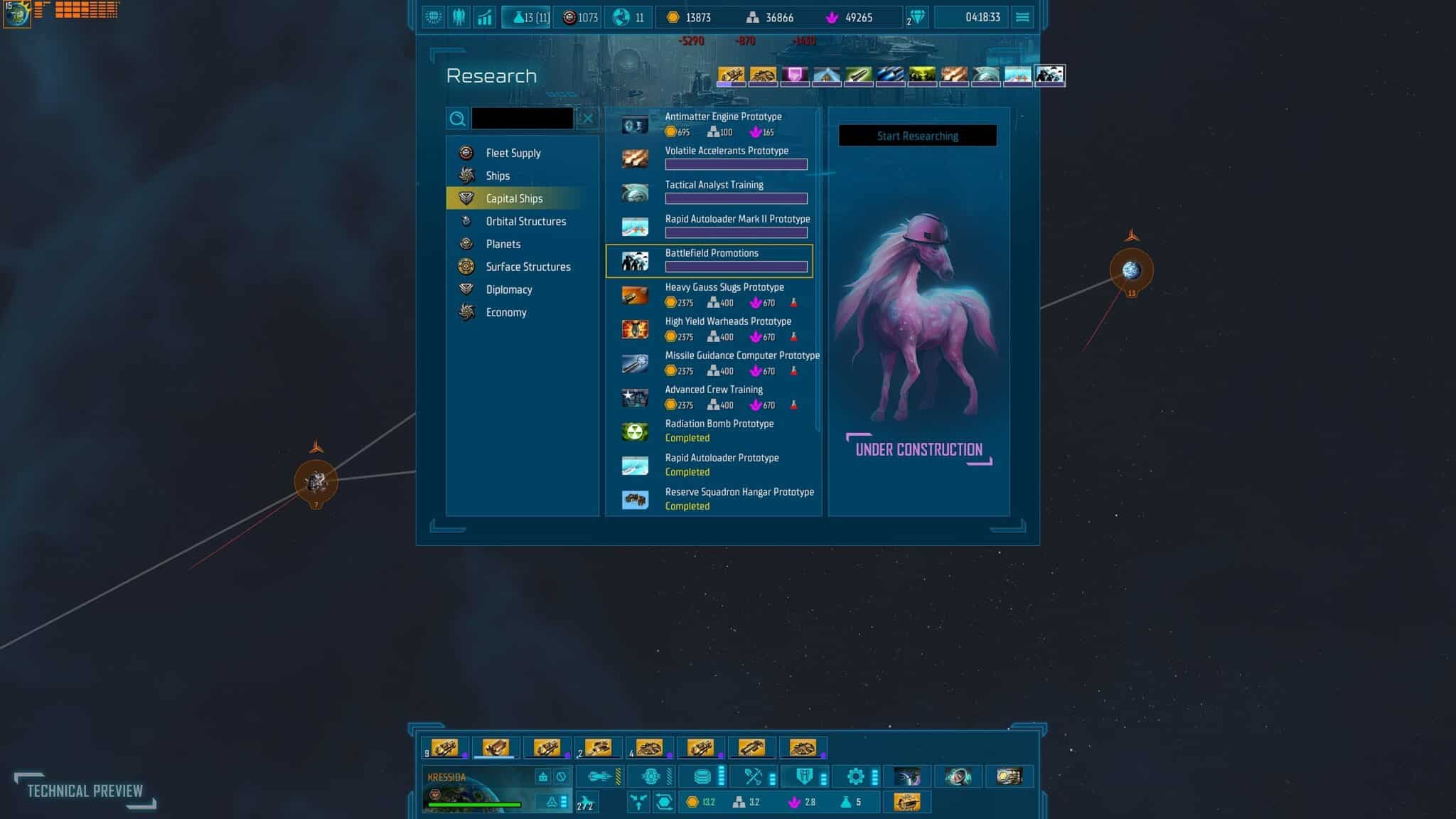 (The research is not particularly exciting yet. When you have the resources, click on an entry. There is no deck system like in Stellaris or a research tree.)