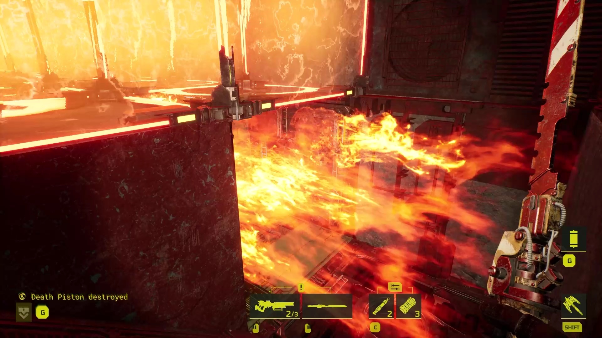 (A treacherously placed flamethrower trap triggers, we just manage to dodge to the side via Dash.)