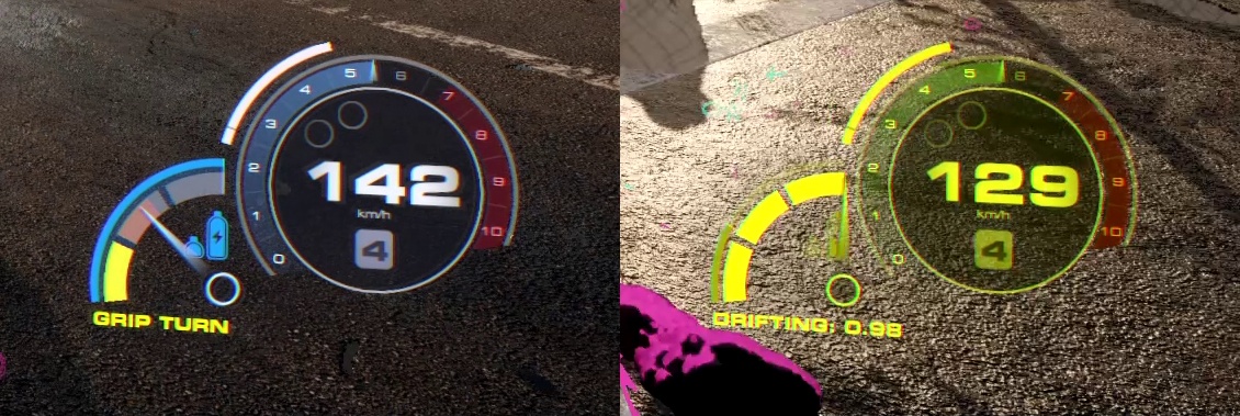 (Left: the yellow boost indicator is charging. Right: with full yellow nitro, you can activate a very powerful boost).