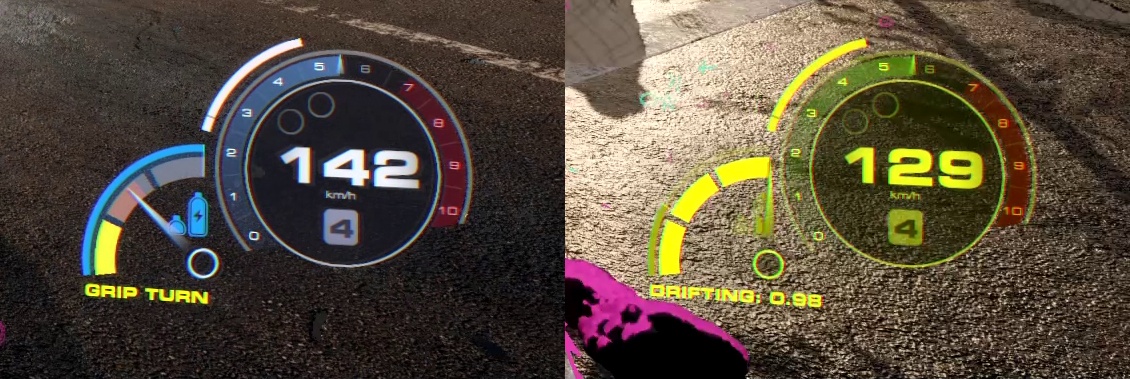 (Links: de gele boost indicator laadt op. Rechts: met volle gele nitro kun je een zeer krachtige boost activeren).