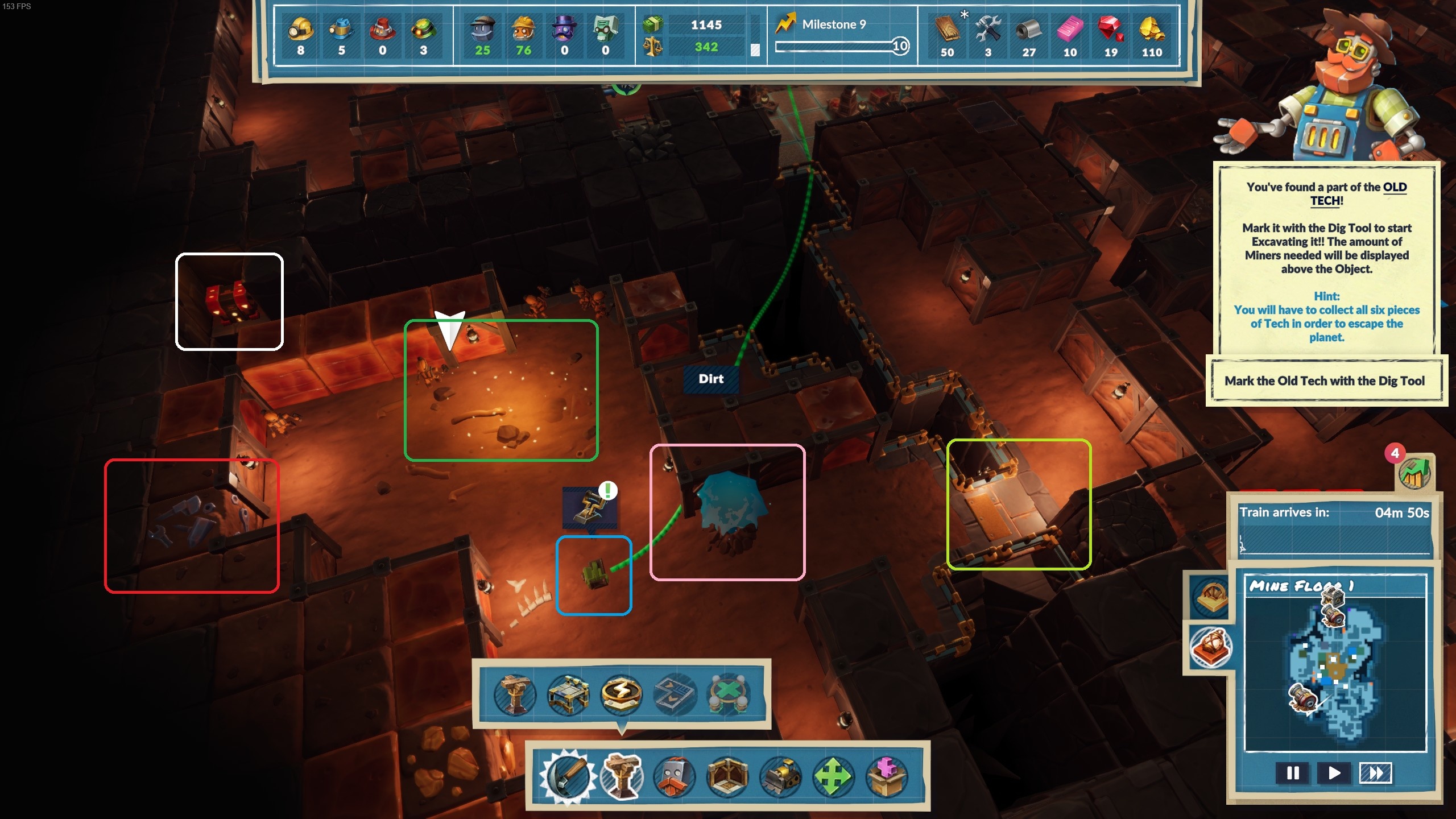 (Dark green: Buried old technology for the main quest. White: A loot box. Red: Machine parts for the production of tools. Blue: One of three switches that open access to the next level. Pink: A water source. Light green: A small bridge to cross a chasm).