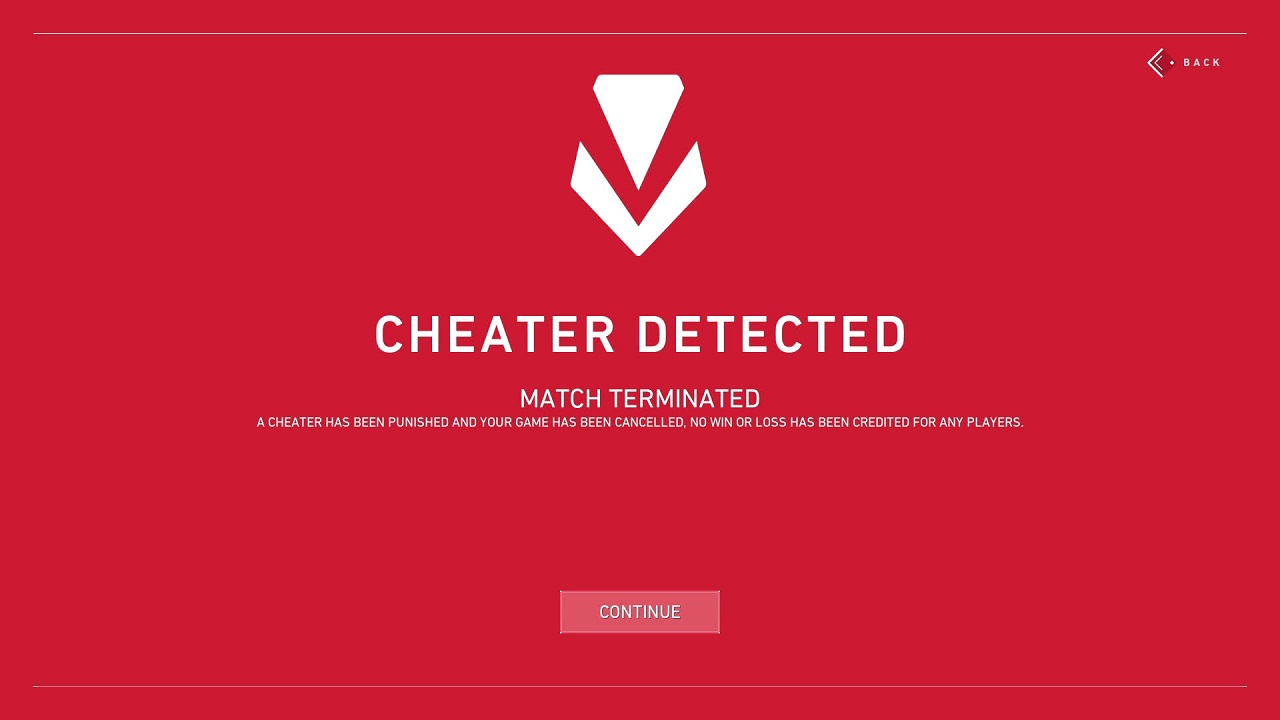 （一旦反作弊软件Vanguard检测到你的Valorant比赛中有黑客，作弊检测屏幕就会中断游戏）