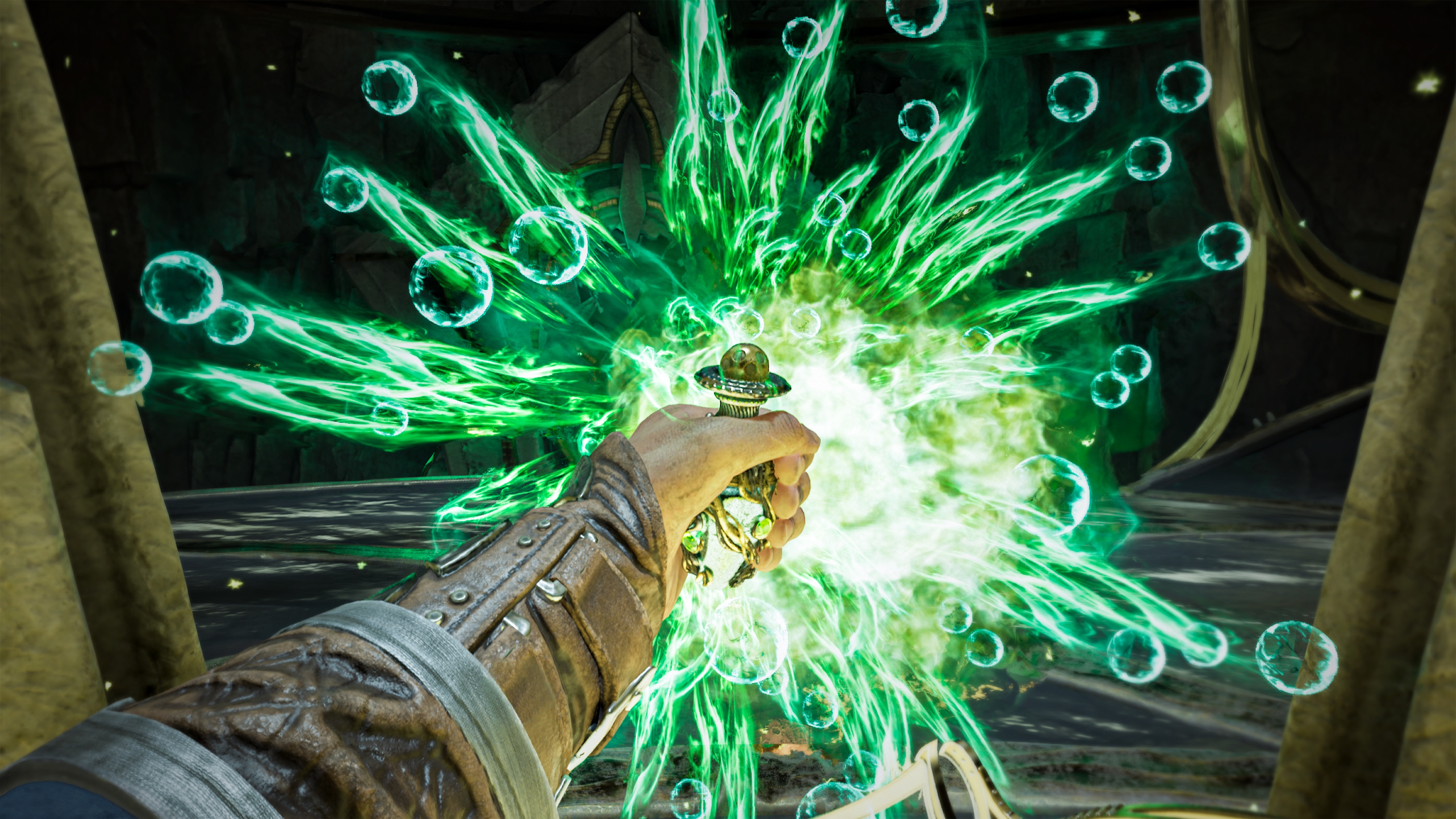 (This green magic manipulates time and can slow enemies, (or projectiles).)