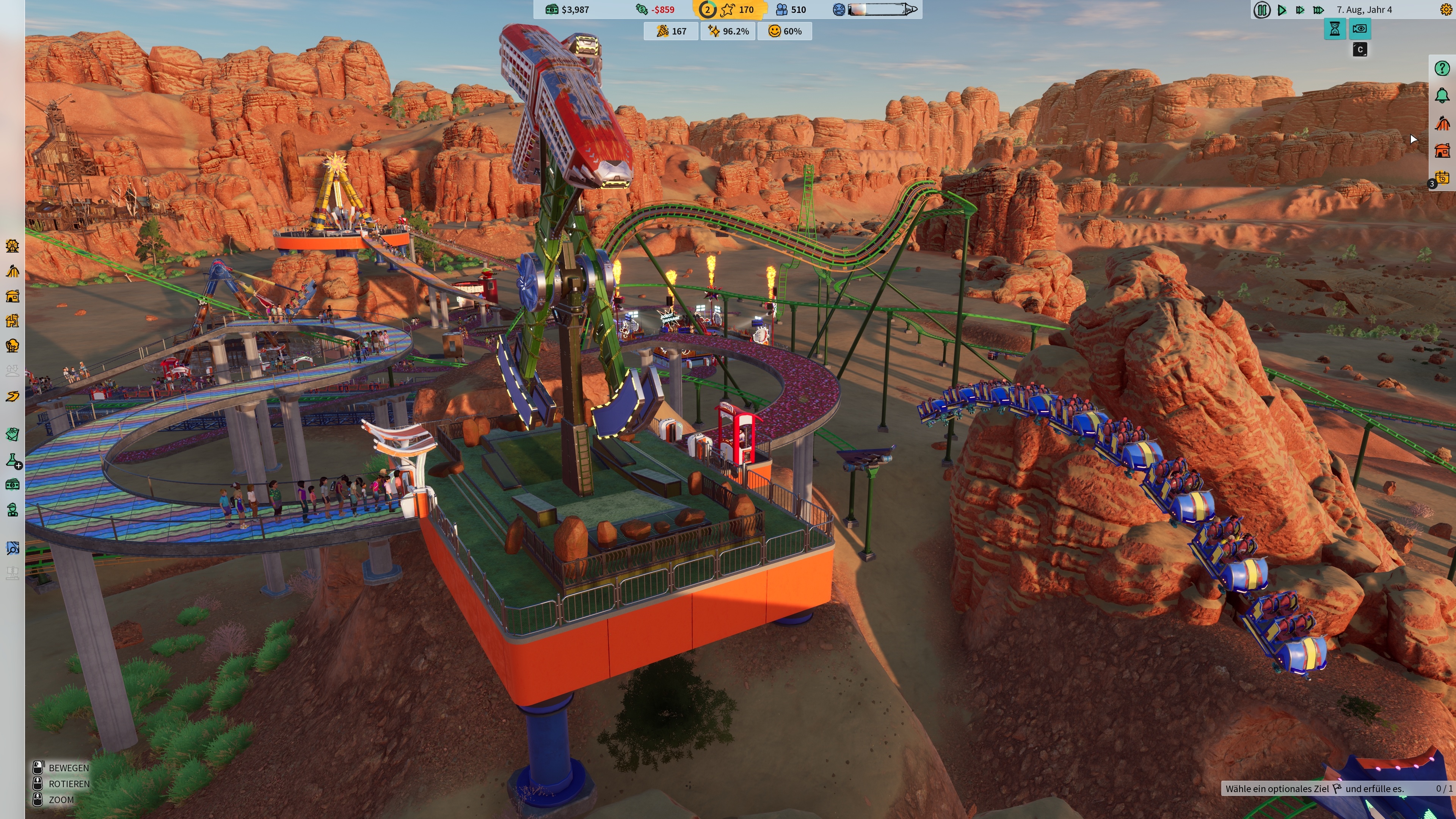 (While visitors are getting flipped upside down in the Skylander at the front of the plateau, a roller coaster train flies by on the right. Who needs tracks when there are jumps?)