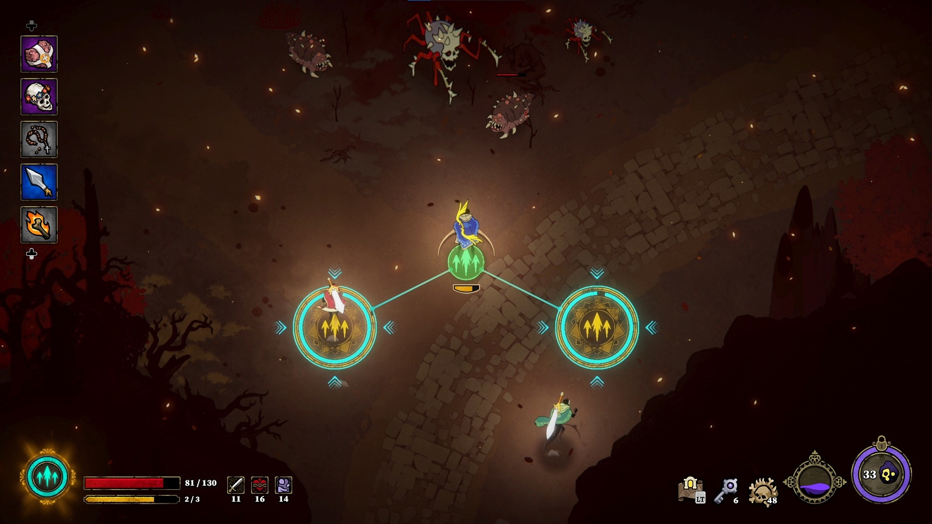 (Lorsque le troisième joueur se place dans le cercle de droite, une puissante pluie de flèches s'abat sur les ennemis en haut de l'écran)