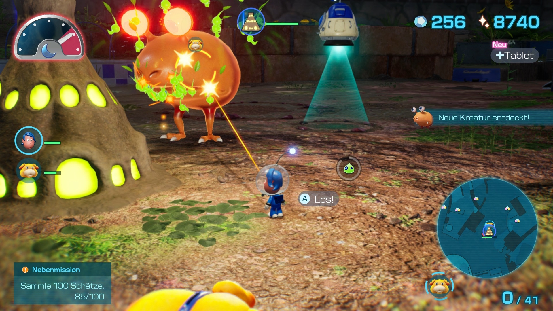 (En las misiones nocturnas tienes que defender edificios luminosos (izquierda) contra oleadas de monstruos. A esto ayudan los nuevos pikmin de brillo verde, que ciegan brevemente a los enemigos con una especie de flashbang).