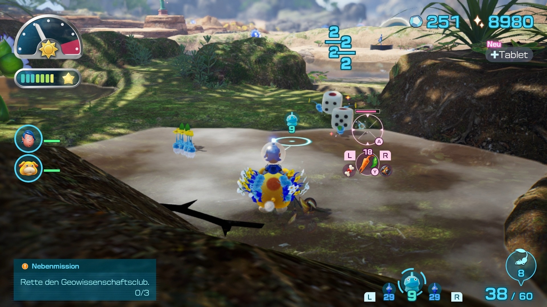 (Light blue Pikmin (left) also freeze waters. The crosshairs in the middle are from our co-op player, who speeds up transport by shooting the cube treasures)