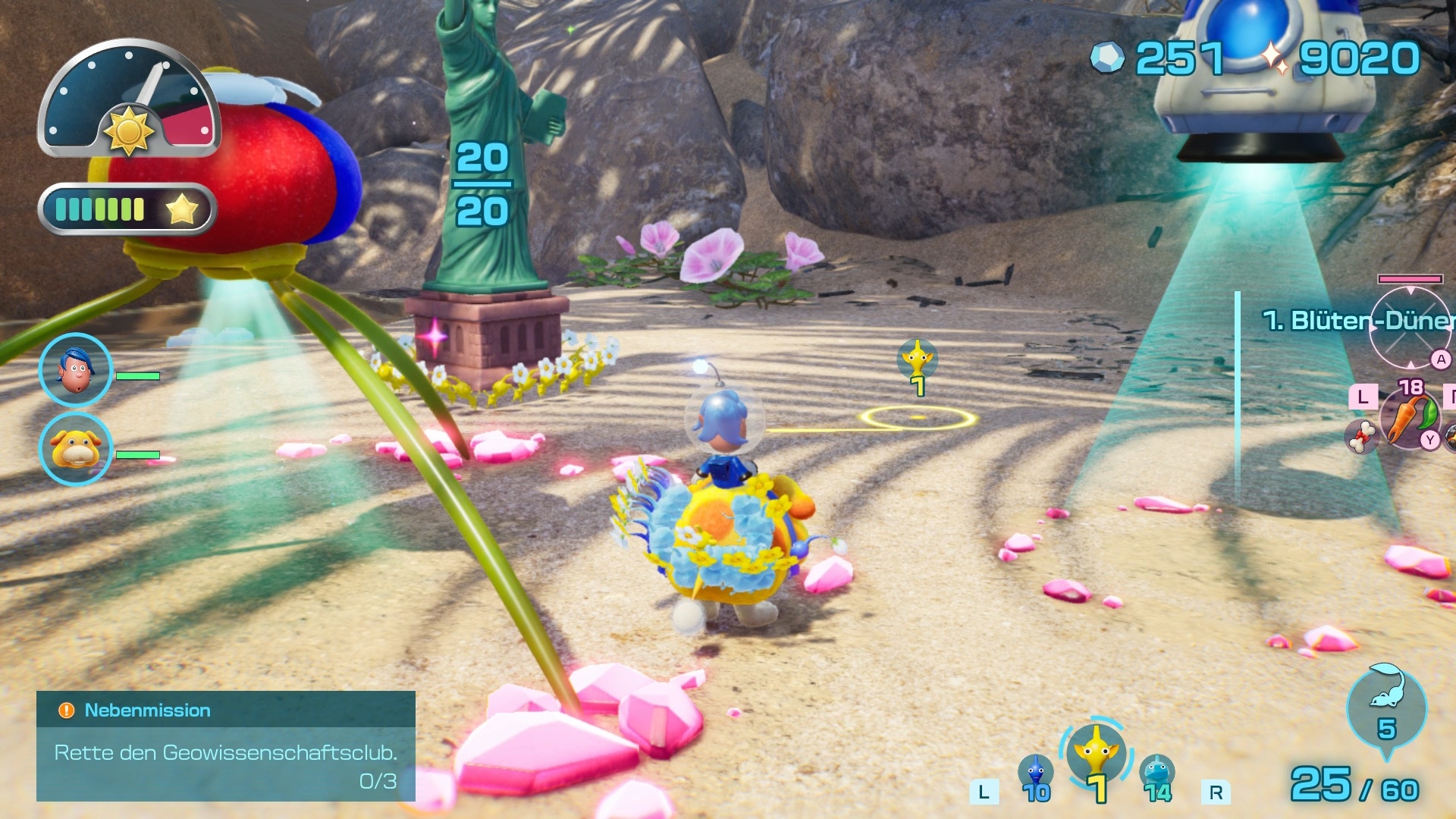 (Outpost on the beach: Our Pikmin are hauling a Statue of Liberty treasure to the Beagle (right) for recycling. On the left is our (troop carrier) Onion, we can change Pikmin types here).