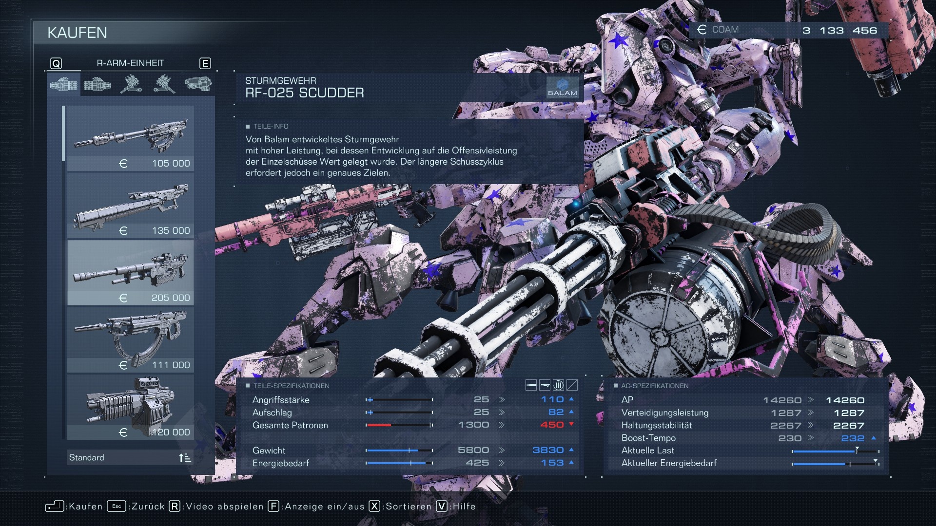 (Gatlingová zbraň, brokovnice, odstřelovačka, laserová zbraň, zbraň pro boj zblízka, raketomet Můžete si pořídit vše, co chcete pro svého mecha.