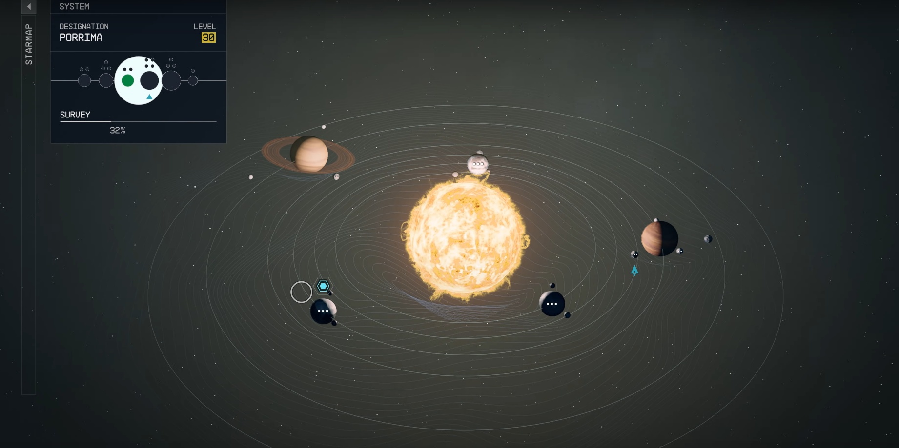 (Het Porrima-systeem in Starfield: in werkelijkheid herbergt het twee sterren, in de game wordt het vereenvoudigd weergegeven)