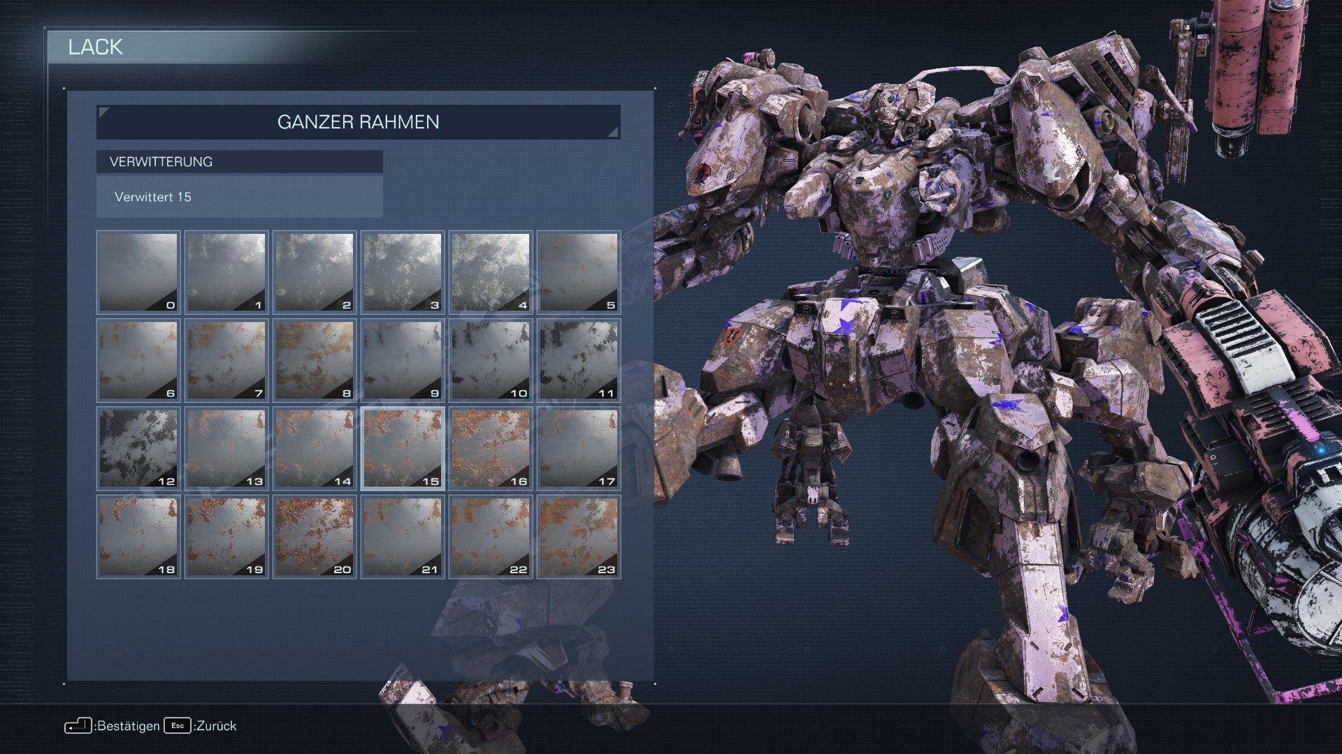 (You can customise every tiny detail on your mech, from eye colour to paint, weathering and level of reflection.)