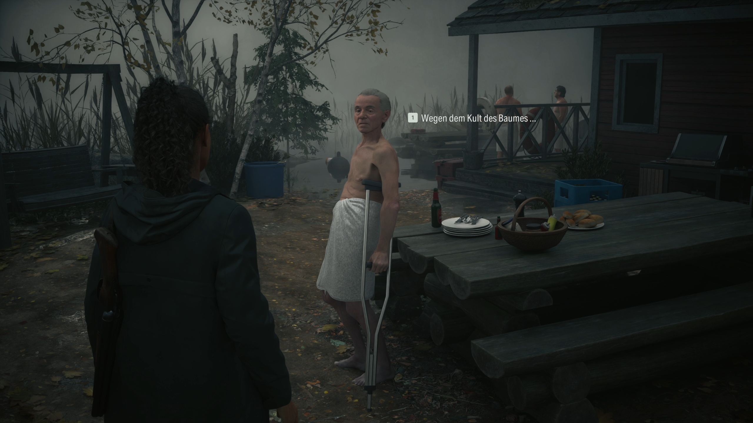 (No, the half-naked grandpa is nowhere near the biggest scare in Alan Wake 2! By the way, we learn more about the people and the world through dialogue.)