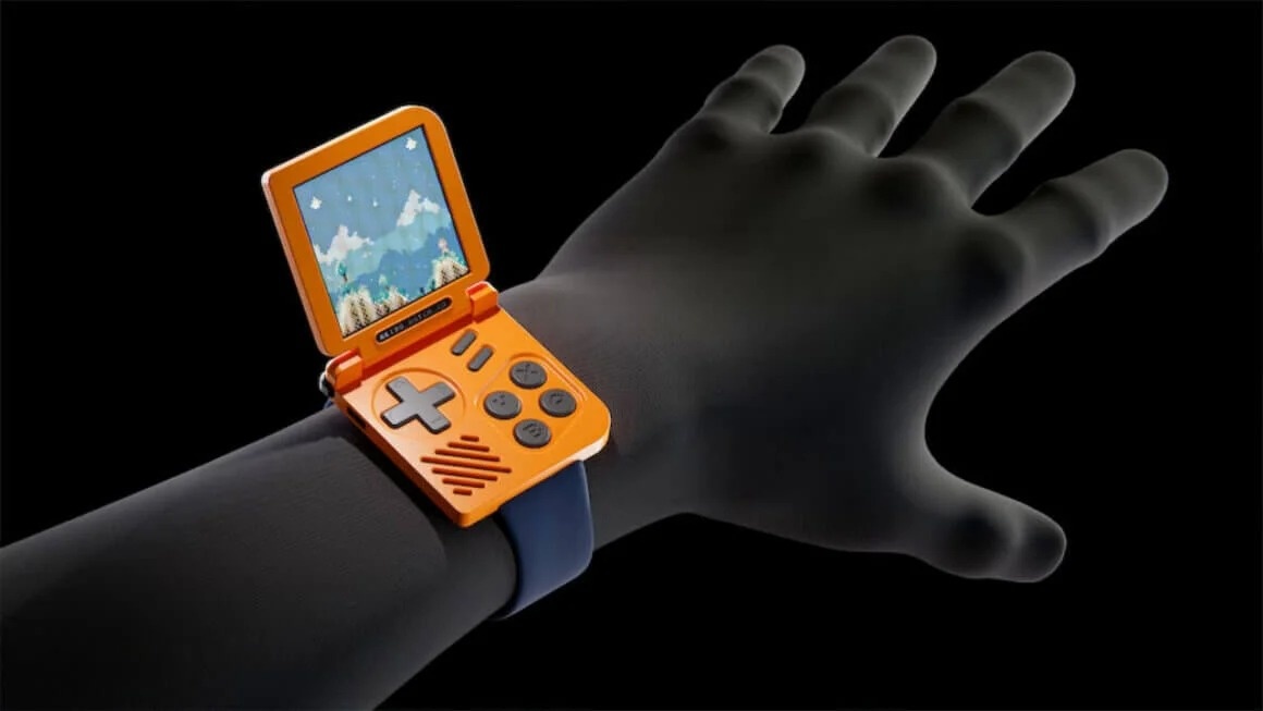 (No creemos que jugar en la muñeca sea especialmente ergonómico. Se supone que puedes separarlo de la correa con un movimiento giratorio. (Imagen: Retro Watch vía Kickstarter))