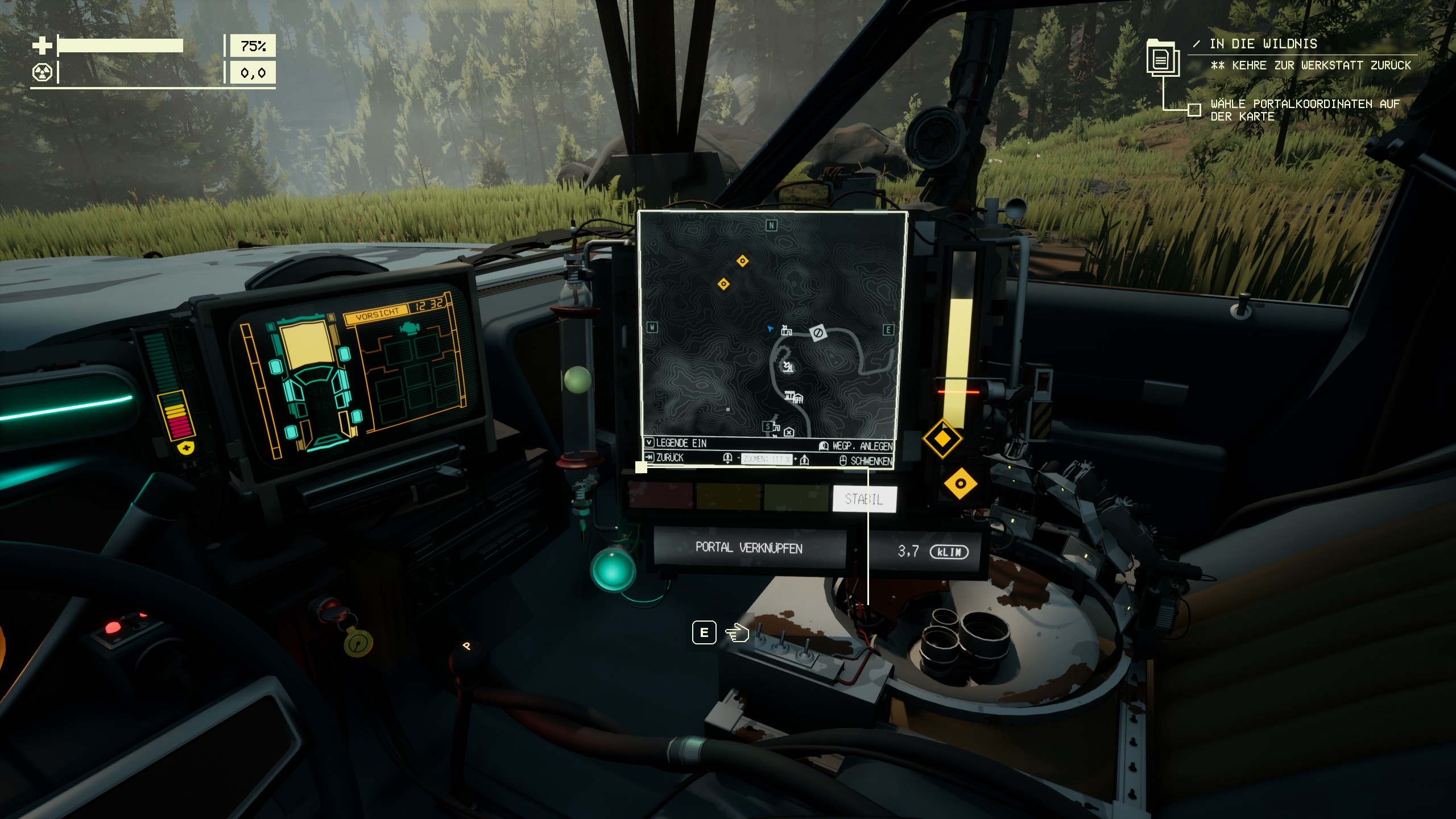 (The ARC device is on the passenger seat. It shows the map, interesting places, energy nodes and portals for the return journey to the workshop.)