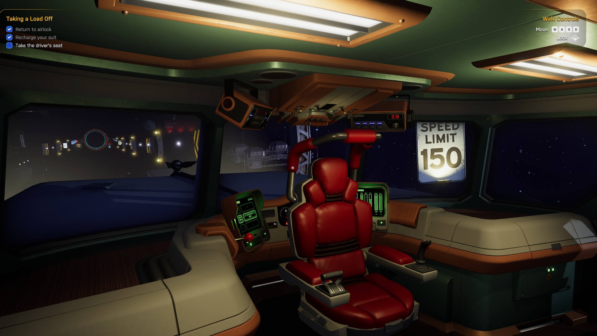 (Benvenuti a casa nello spazio! Questa è la vostra cabina di pilotaggio in Star Trucker.)
