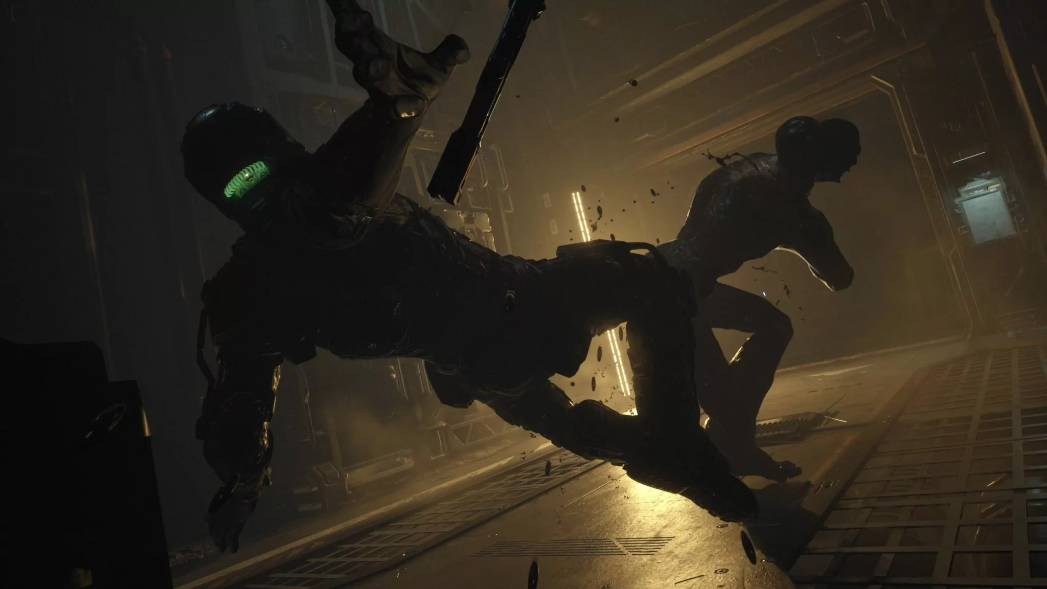 (Знакомая зеленая полоса жизни на шлеме (слева)? Как и Dead Space, The Callisto Protocol полагается на иммерсивные индикаторы игрового процесса вместо навязчивых элементов HUD)